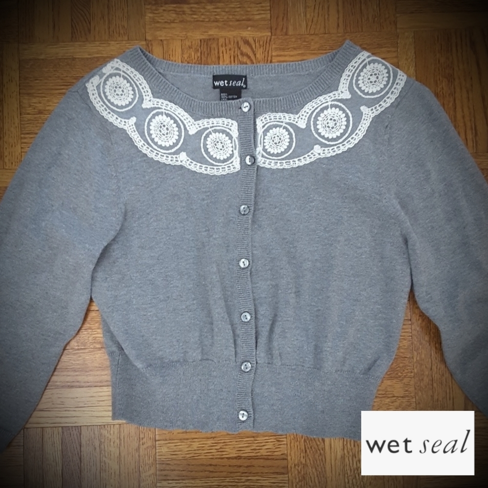 TOP Wet Seal Sweater Cropped Grey VTG Retro LG